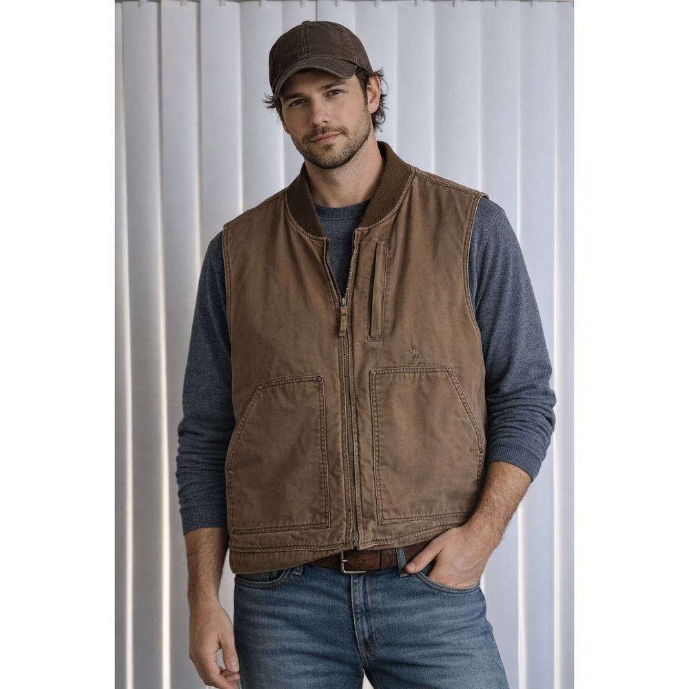 Lakin McKey Workwear Vest Mens XL Brown Canvas Sherpa‎ Lined Distressed Utility